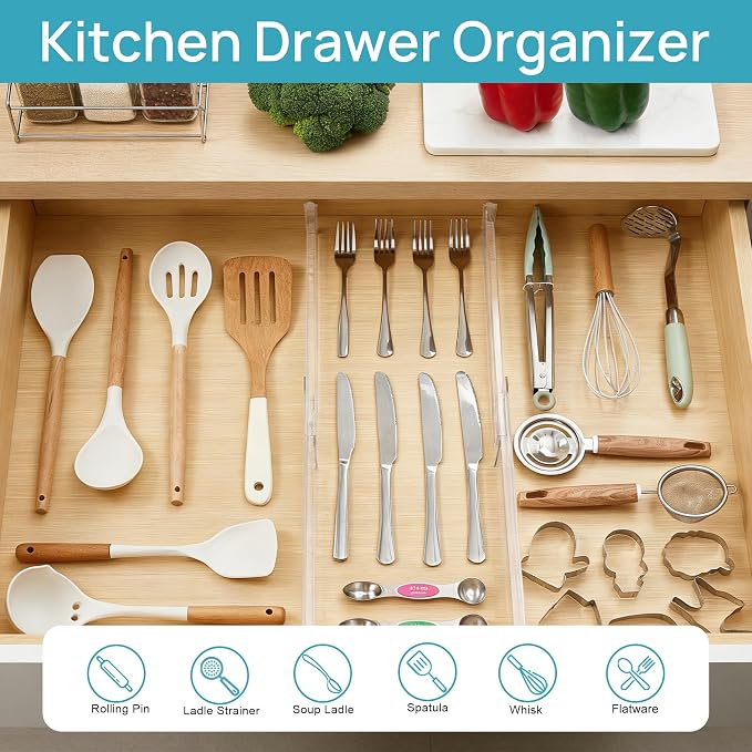 Vtopmart 4 Pack Shallow Drawer Dividers, 2.36" High 12.5"-20.8" Adjustable Expandable Kitchen Drawer Organizer, Clear Plastic Organizer Separators for Flatware, Utensil, Cutlery, Underwear, Clothes | Expandable Kitchen Drawer Organizer, Clear Plastic O... - Image 7