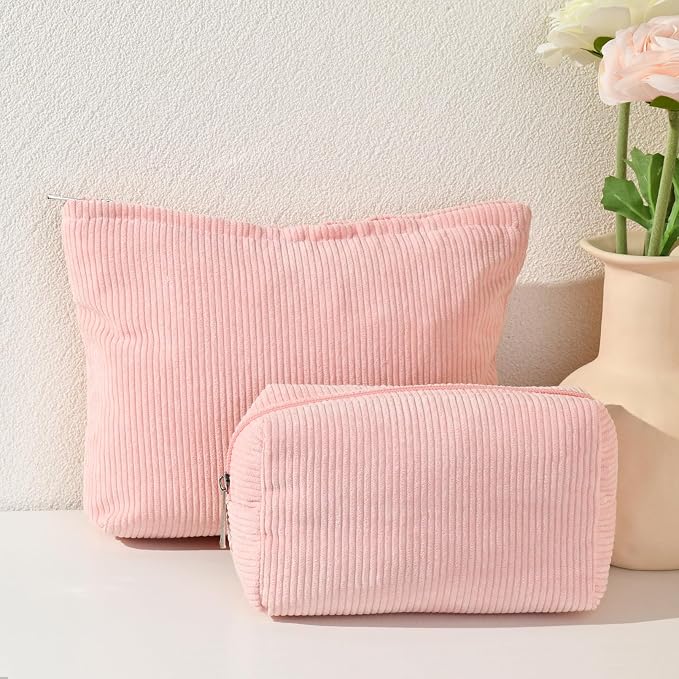 SOIDRAM 2 Pieces Makeup Bag Large Corduroy Cosmetic Bag Capacity Canvas Mix Travel Toiletry Bag Organizer Cute Makeup Brushes Aesthetic Accessories Storage Bag for Women, Corduroy Mix Pink - Image 7