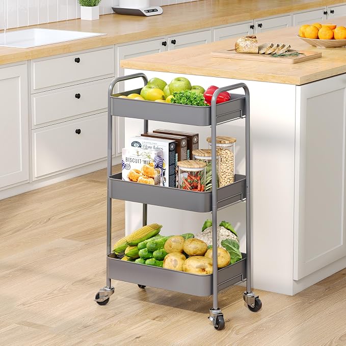 TOOLF 3 Tier Metal Rolling Cart, Utility Storage Cart with Wheels, Grey | Screwless Assembly, Lockable Metal Wheels, Trolley Organizer for Bathroom, Kitchen, Office, Dorm, Laundry, Craft Room - Image 7