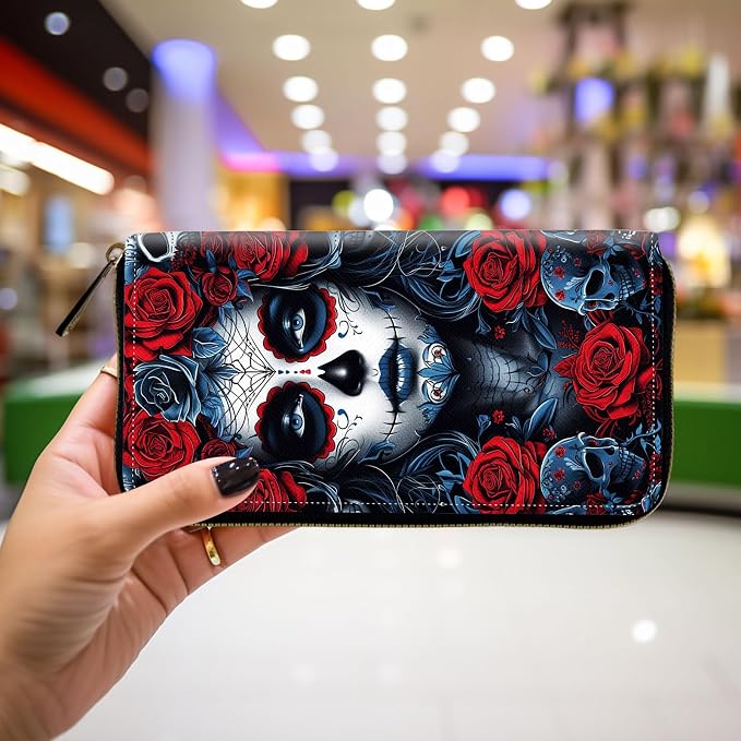 Wallet,Leather Long Wallet Suitable For Ladies And Teenagers - Detachable Wristband + RFID Travel Wallet With Card Slot - Sugar Skull Woman - Image 4