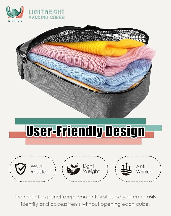 WTREE 4-Piece Packing Cubes Travel Accessories Set for Suitcases - Luggage Organizer Bags with Double Zipper - Mesh Top - Small/Medium/Large/Slim - Dark Grey - Image 3