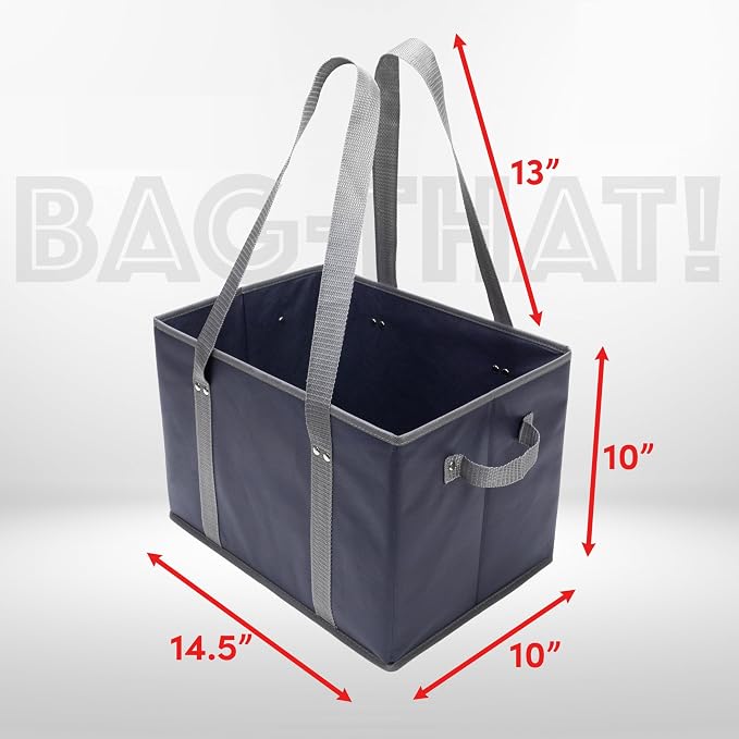BAG-THAT! 4pk Reusable Grocery Bags Shopping Bags Tote Box Large Heavy Duty Groceries Bag Handles Foldable Reinforced Bottom (Navy Blue/Gray) - Image 5