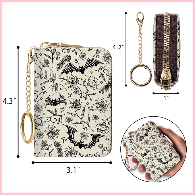 Blusabaca Goth Bat RFID Credit Card Holder, Small Women Travel Wallet | Vintage, Removable Keychain, Case Zipper, PU Leather, Cash Coin Pocket, Business Accordion Purse, Ladies Female Gift - Image 4