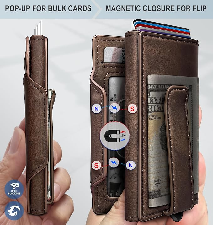 Wallet for Men, Slim Pop Up Card Holder with RFID Blocking, Minimalist Bifold Wallet with 10 Card Slots, 2 ID Window and Money Clip, Metal Flip Case with Magnetic Closure, Gift Box - Image 3