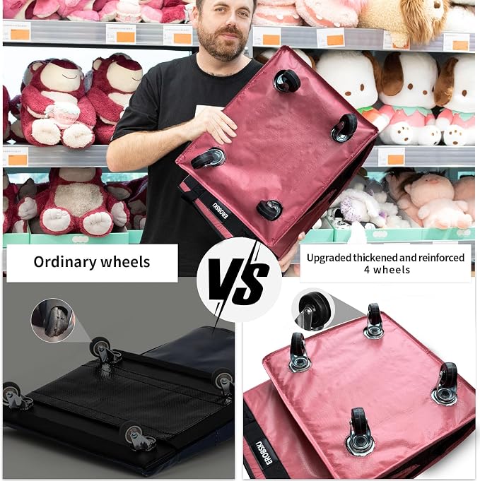 (Medium,Pink) Reusable Grocery Bag on Wheels, 70L Foldable Rolling Tote,Extra Storage for Shopping, Zipper Clouser Shopping Carts for Groceries,Trips, Laundry, Moving,4 Heavy Duty Wheels | 70L Extra Storage for Shopping, Zipper Clouser Shopping Carts f... - Image 5