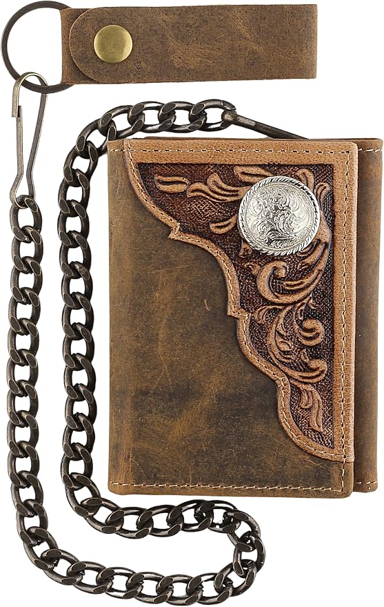 F&L CLASSIC RFID Blocking Men's Tri-fold Vintage Biker Cowhide Leather Steel Chain Wallet,Snap closure, brown, western style,315-82 by FLCLASSIC