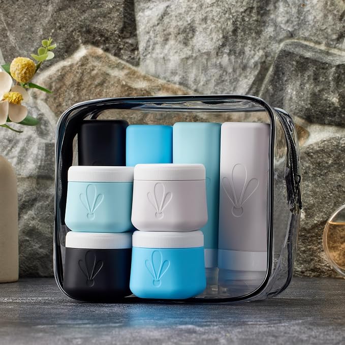 INSFIT travel bottles for toiletries 8 Pack, Leak proof Travel Size Toiletries Containers with toiletry bag, Squeezable Silicone Bottles & Cream Jars, Travel Essentials BPA-Free kit for Shampoo - Image 7