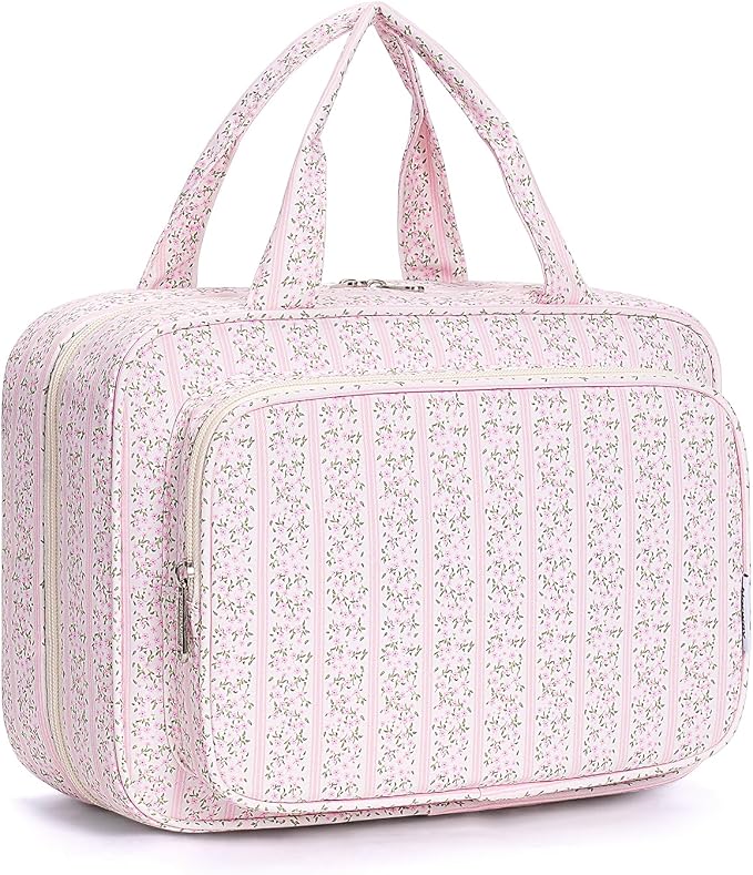 Narwey Travel Toiletry Bag for Women Large Hanging Makeup Bag Organizer Toiletries Bag for Full Size Essentials Accessories Cosmetics (Pink Flower Buds (Large)) by Narwey