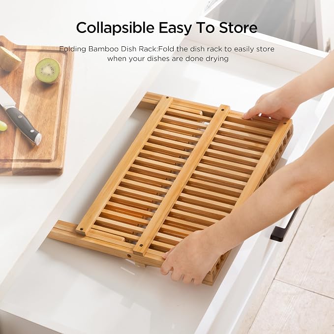Bamboo 2 Tier Dish Drying Rack with Utensil Holder | Collapsible Dish Rack for Kitchen Counter, Large Folding Drying Holder, Dish Drainer, Kitchen Organizers and Storage - Image 4