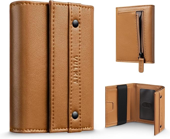 VULKIT Mens Wallet RFID Blocking Leather Compact Trifold with Zippered Coin Pocket, ID Window and Business Card Holder Brown by VULKIT