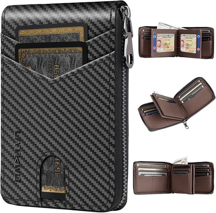 Men’s RFID Blocking Zipper Large Dimensions Wallet with 2 ID Windows - Large Capacity Design, 13 Credit Card Slots by LATKWO