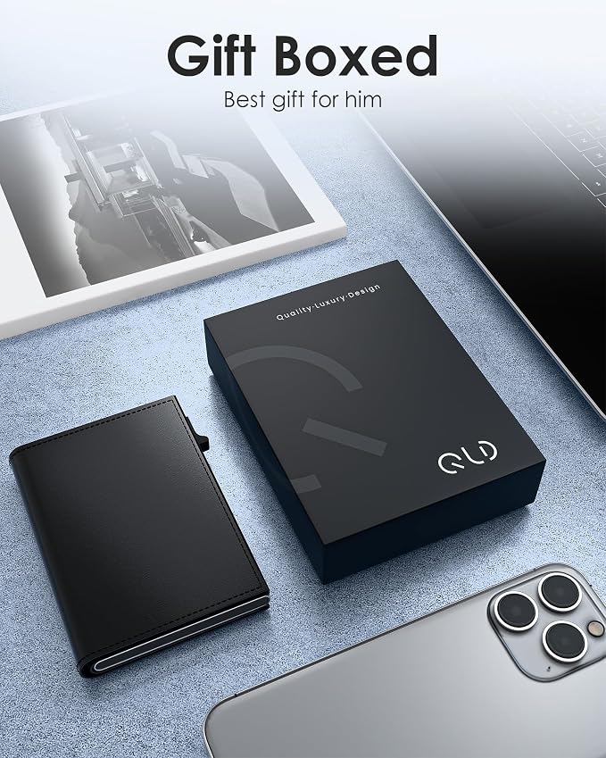 QLD Mens Wallet Card Holder - RFID Blocking Wallet for Men, Pop Up Aluminum Case, Trifold, Leather, Smart, Slim, Minimalist, Front Pocket - 9-11 Card Capacity | ID Window | Cash Slot - Image 8