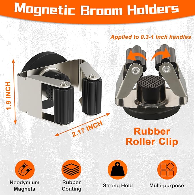 4 Pack Magnetic Mop Broom Holder, Heavy Duty Magnetic Mop Hanger for Refrigerators, Magnetic Mount Mop Broom Holder for Laundry Room Garage Kitchen Workshops Metal Shed - Image 3