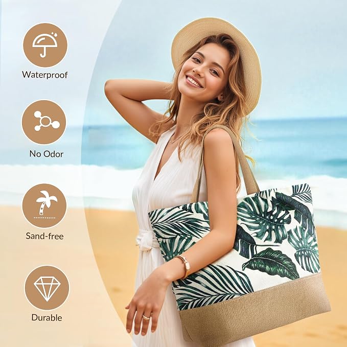 Trifabricy Beach Bags for Women,Waterproof Straw Beach Tote Bag With Zipper | Spacious Storage Capacity, Secure Zipper Closure, Reinforced Carry Handles, Stylish Printed Design For Outdoor Activities - Image 4