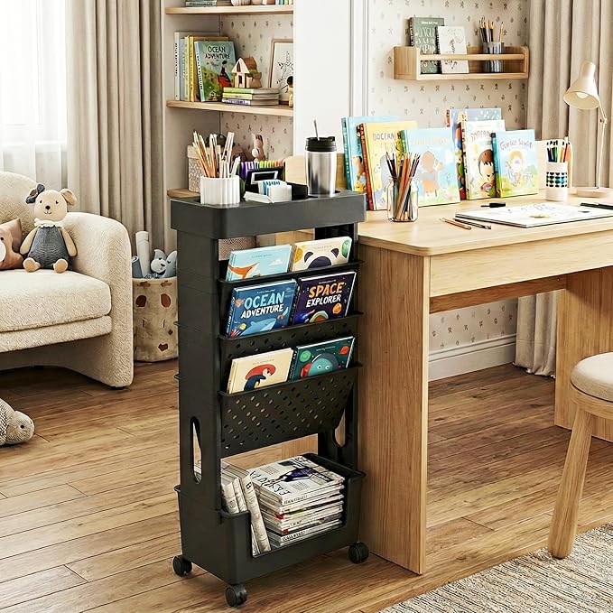 5-Tier Rolling Bookshelf Magazine Rack with Wheels Black | Mobile Bookcase, Book Storage File Folder Organizer Cart for Home Study Office Living Room Classroom - Image 2