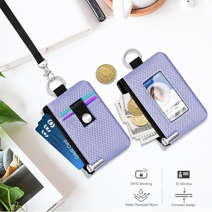 Minimalist RFID Blocking Small Wallet with ID Window,WaterResistant Zip Id Case Wallet with Lanyard Keychain for Cards,Cash,Travel,Women,Men (Lavender Purple) - Image 8