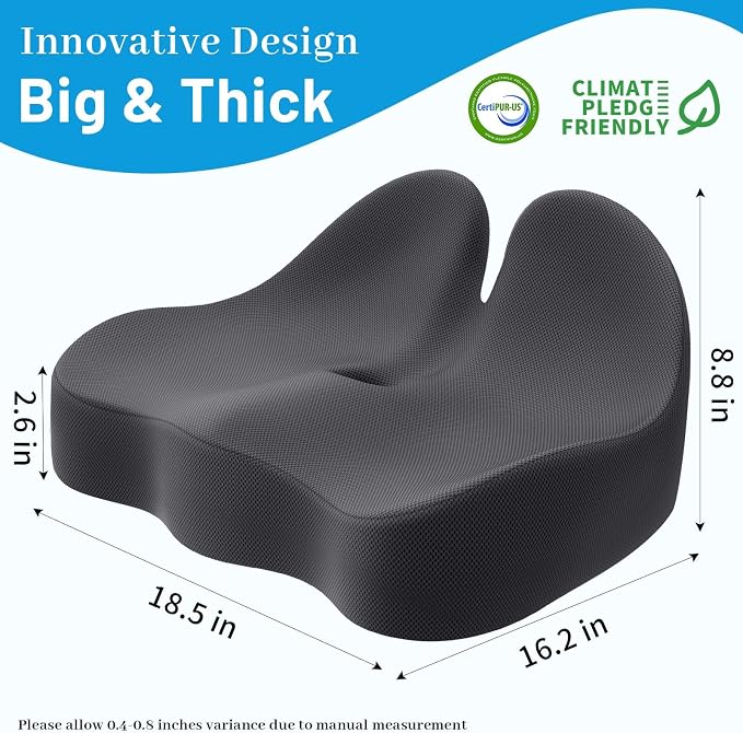 Memory Foam Seat Cushion, Ergonomic Office Chair Cushion for Long Sitting | Curved Tailbone Support Cushion for Car, Desk Chair and Wheelchair, Coccyx Comfort Pad with Breathable Cover, Gray - Image 2