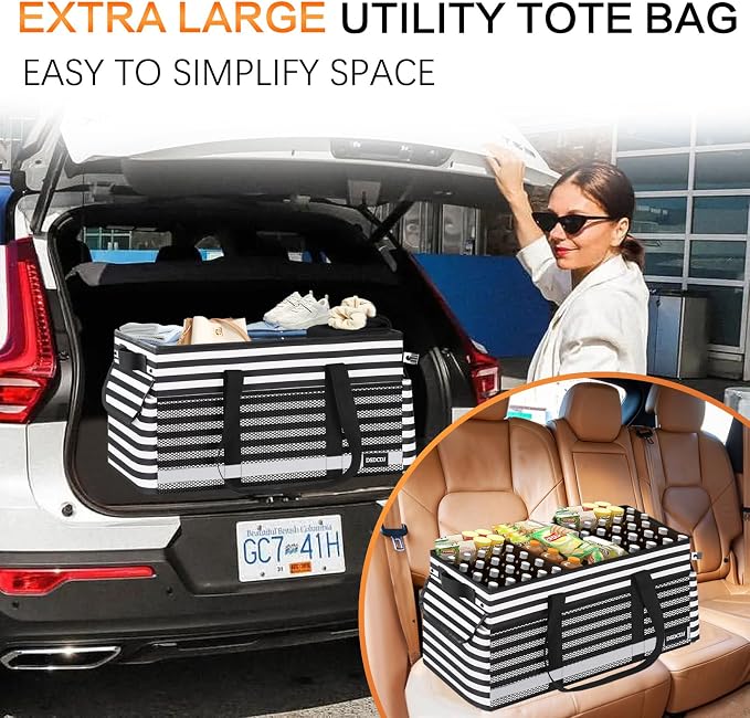Extra Large Utility Tote Bag with Reflective Strip, Standing Reusable Grocery Bags with Hard Bottom, Collapsible Utility Tote with Handles for Shopping, Beach, Picnics, Car, Striped Black - Image 8