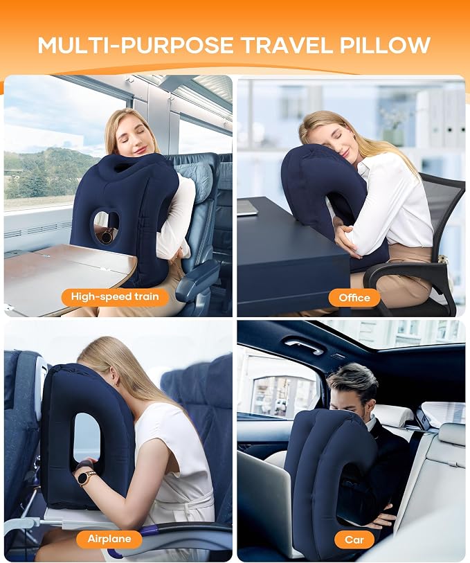Sunany Travel Pillow, Upgraded Plane Pillow for Long Flights, Inflatable Neck Pillow Used for Airplanes,Cars,Buses,Trains,Office Napping with Eye Mask,Earplugs (Blue) - Image 7