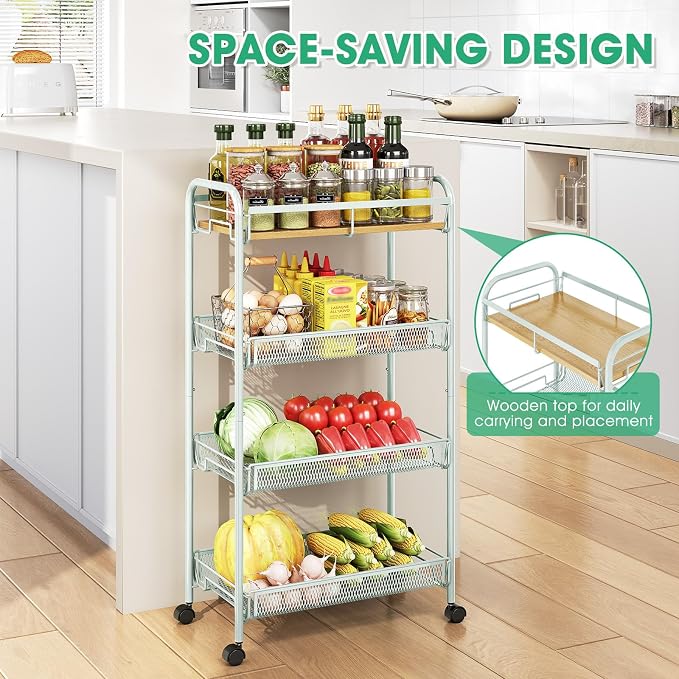 TOOLF 4-Tier Rolling Cart, Metal Utility Cart, Slide Out Storage Cart with Wooden Tabletop and Mesh Baskets for Narrow Space on Kitchen Bathroom Laundry Room Bedroom Apartments Dormitory (Green, Wide) - Image 3