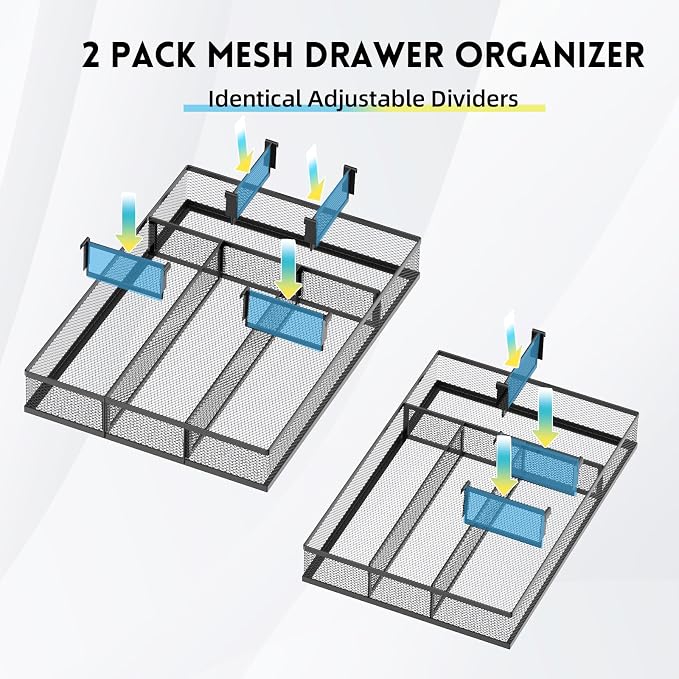 2 Pack Desk Drawer Organizer with Adjustable Dividers, Black | Metal Mesh Desk Organizers for Office Supplies, Makeup, Kitchen & Vanity - Image 3
