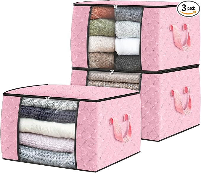 3 Pack Storage Bags for Clothes Blanket Storage Bins with Lids | Foldable Closet Organizers with Zippers,Window and Handles,Fabric Storage Bins for Sweater,Comforter,Bedding,Dorm essentials by Fabtotes