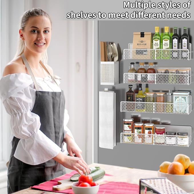 Magnetic Spice Rack for Refrigerator, 6 Pack Metal Magnetic Shelf White, Moveable Spice Organizer, Strong Magnetic Storage Fridge Organizer with Paper Towel Holder, Utensils Holder - Image 6