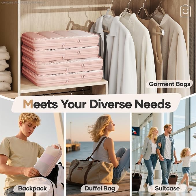Veken 9/11 Set Compression Packing Cubes Garment Bags for Travel Essentials,Compressible Expandable Luggage Organizer Bags for Clothing,Space Saver Bags with Over 1000 pcs of Mesh Holes(Beige) - Image 9