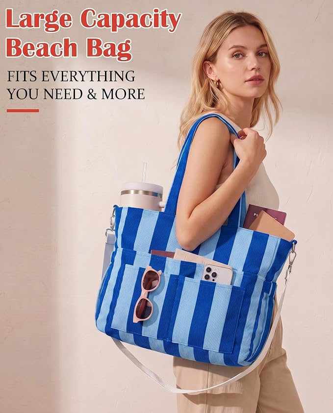 Kacctyen Striped Beach Tote Bag for Women Large Beach Foldable Tote Bag with Zipper Pockets for Travel Pool - Image 4