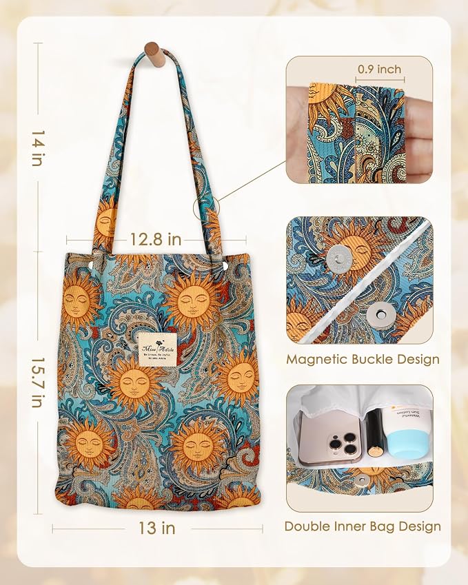 Miss Adola Designer Corduroy Tote Bag for Women | 3 Magnetic Buckles, Aesthetic Pattern, Reusable, Soft, Roomy Carry for Work, Travel, Grocery Runs - Image 5