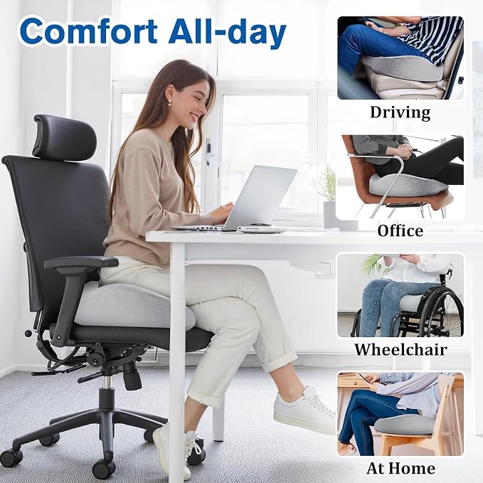 CushyOasis Seat Cushion, Office Chair Cushions, 5.28 in Thick (Light Grey) | Anti-Slip Back & Removable Cover, Ergonomic Tailbone Support Seat Cushion, Memory Foam Seat Cushion for Office - Image 6