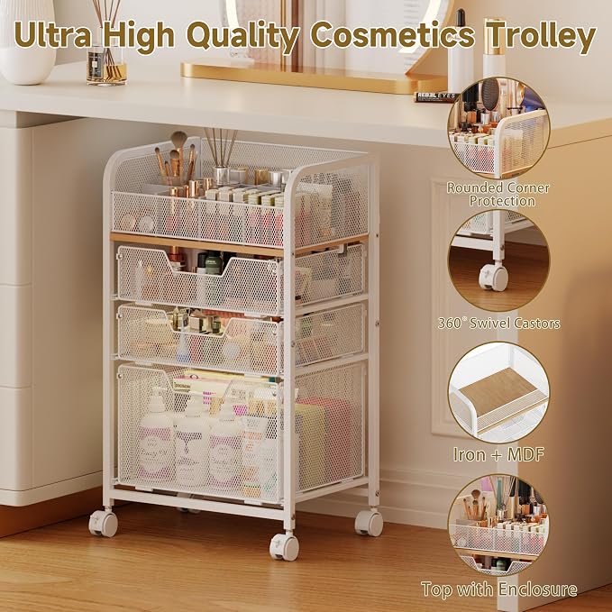 Jakyitvi Makeup Cart Organizer with 3 Drawers, Under Desk Storage Drawers,Floor Skincare & Makeup Organizer, Vanity Storage for Cosmetics, Nail Polish, Perfume, Makeup Brushes, Hair Tools, White - Image 7