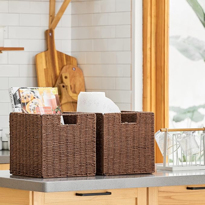 Wicker Storage Basket, Set of 2 Hand-Woven Storage Baskets for Shelves with Handles, Foldable Cube Storage Baskets Bins Organizer, 13 inch Large Wicker Baskets for Pantry Bedroom Decor, Brown - Image 3