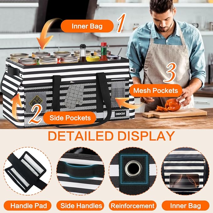 Extra Large Utility Tote Bag with Reflective Strip, Standing Reusable Grocery Bags with Hard Bottom, Collapsible Utility Tote with Handles for Shopping, Beach, Picnics, Car, Striped Black - Image 5