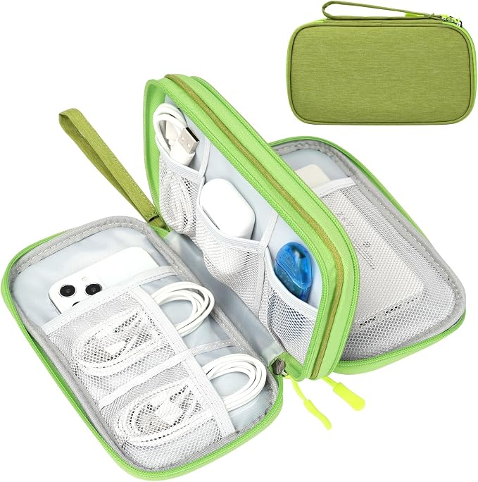 FYY Electronic Organizer, Travel Tech Pouch Bag, Medium, Green | Wrist Strap, Waterproof, Double Layers Portable Electronics Travel Carrying Case for Cord, Charger, Daily Business Trips Use by FYY