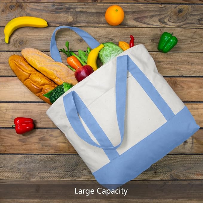 TOPDesign 1-Pack Canvas Tote Bag with an External Pocket, Reusable Grocery Shopping Bag, Top Zipper Closure, Daily Essentials (Light Blue/Natural) - Image 4