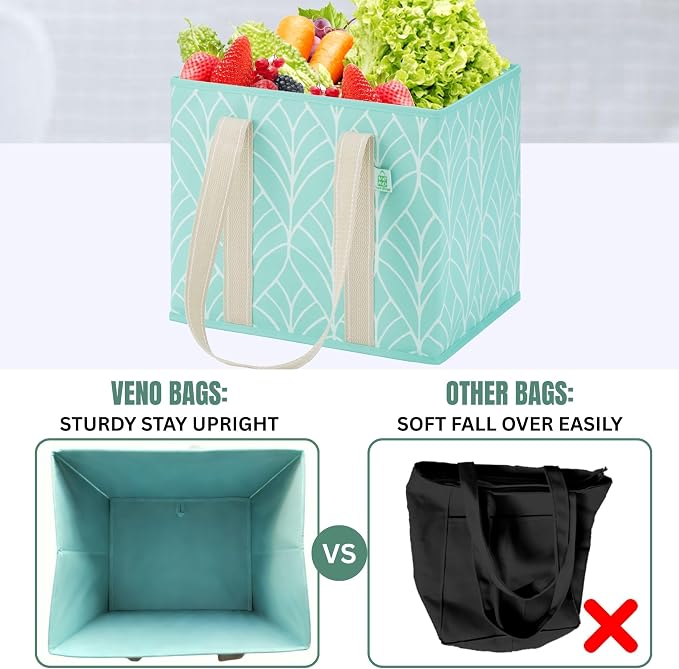 VENO 3 Pack Heavy Duty Reusable Grocery Shopping Bags Utility Tote | Water Resistant, Storage Box with Sturdy Handles & Hard Bottom, Foldable for Groceries Shopping Cart(Evergreen, 6 Gallon) - Image 7