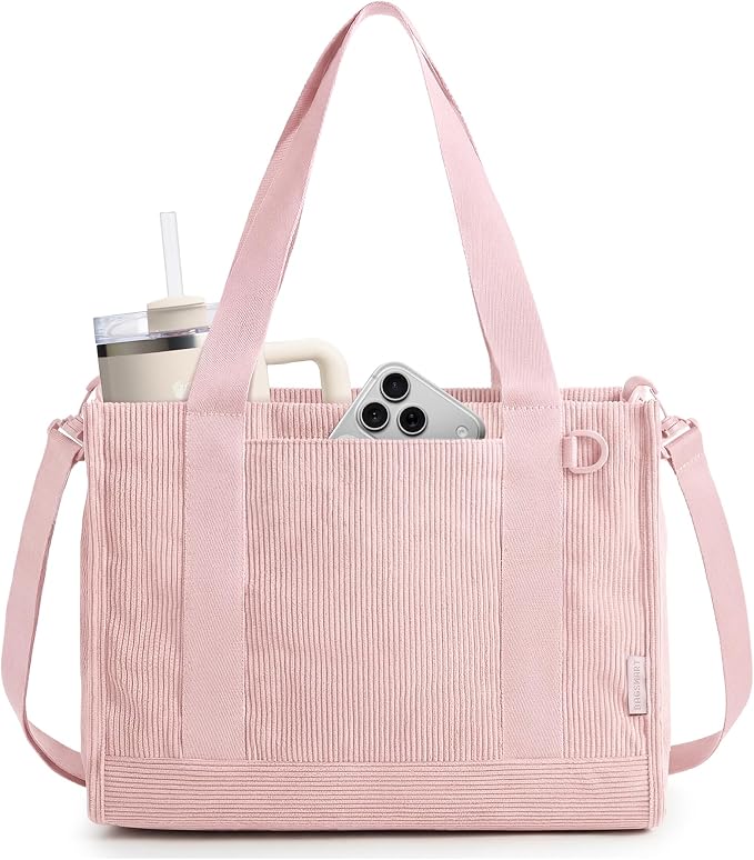 BAGSMART Corduroy Tote Bag for Women, Small College Teacher Laptop Handbag | Fits 14 inch Laptop, 40oz Tumbler Holder, Soft Corduroy Bag with Crossbody Strap for Daily, Work, Flight Travel, Hand Wash by BAGSMART