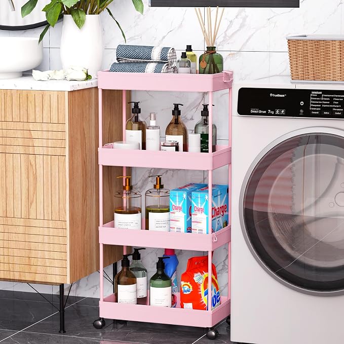 SPACEKEEPER 4 Tier Rolling Cart, Bathroom Cart Organizer with Wheels, Pink | Mobile Storage Cart for Laundry Room Organization,Kitchen,Office,Bathroom, Utility Cart for Snack,Craft,Art,Makeup,Nail,Toys - Image 6