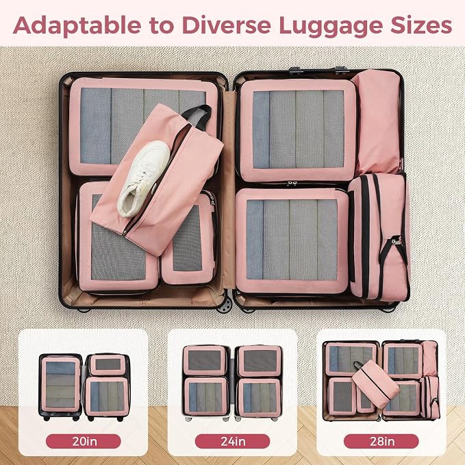 BAGAIL 8 Set Compression Packing Cubes, Expandable Luggage Organizer Bags for Travel Accessories (Pink) - Image 6