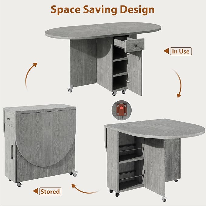 Jocoevol Round Folding Dining Table for 4, Space Saving Drop Leaf Kitchen Table with Storage Drawer, 6 Wheels Oval Gateleg Foldable Dining Table for Small Spaces(Grey 47 * 23.6 * 30) - Image 7