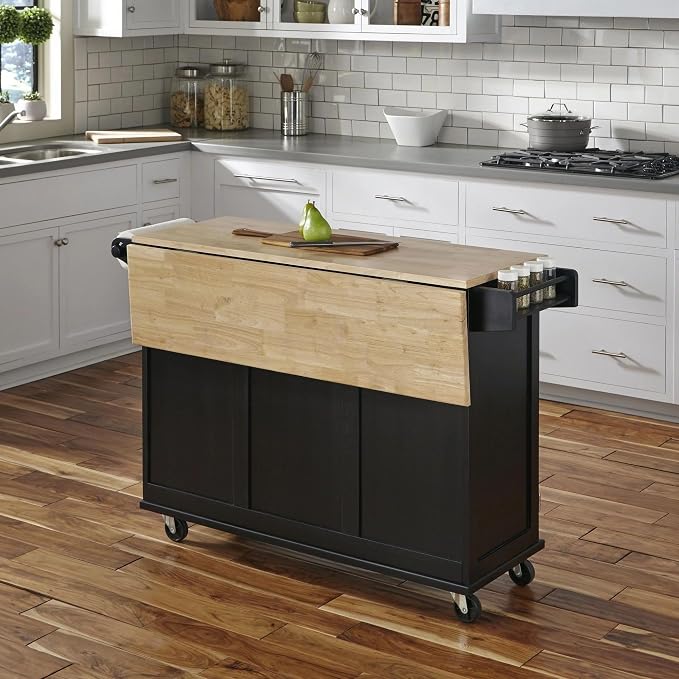 Homestyles Dolly Madison Black Mobile Kitchen Island Cart with Wood Drop Leaf Breakfast Bar - Image 3