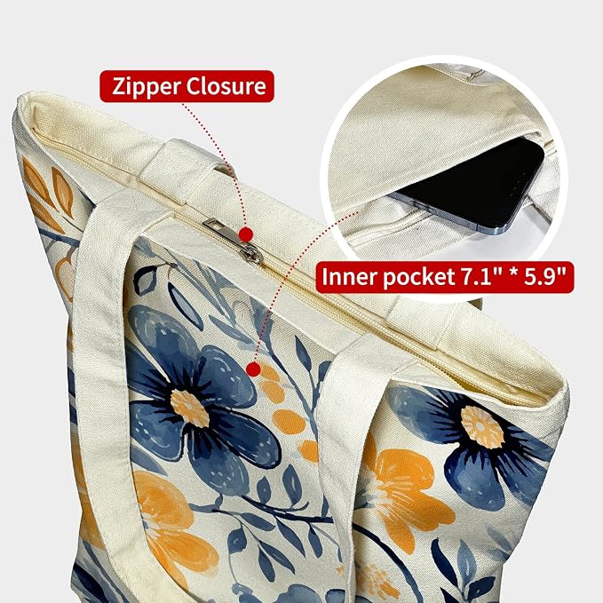 itgowisa Canvas Tote Bag for Women, Tote Bag with Zipper Inner Pocket, Zippered Canvas Bag for Shopping Work Grocery Everyday - Image 5