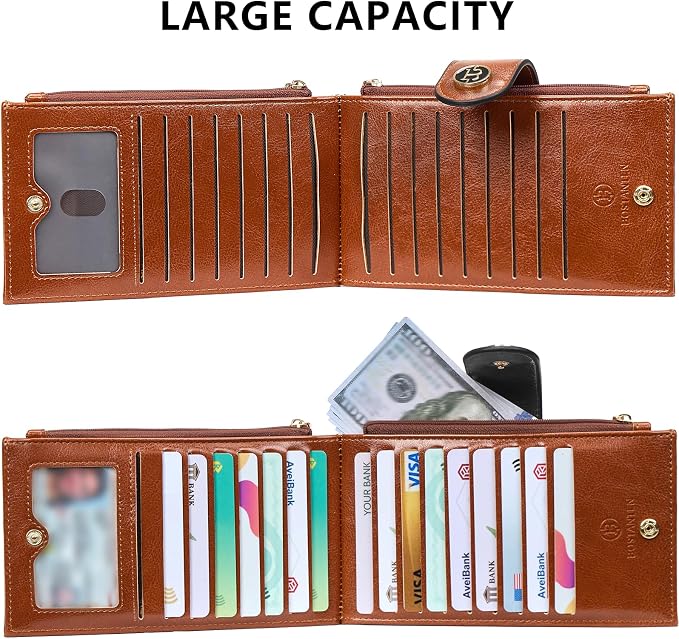 BOSTANTEN Leather Womens Wallet Large RFID Blocking Slim Card Holder | 16 Card Slots, 2 Zipper Pockets, Bifold, Long, Fits Most Purses, Organized Everyday Carry, Ladies Gifts, Black＆Brown - Image 5
