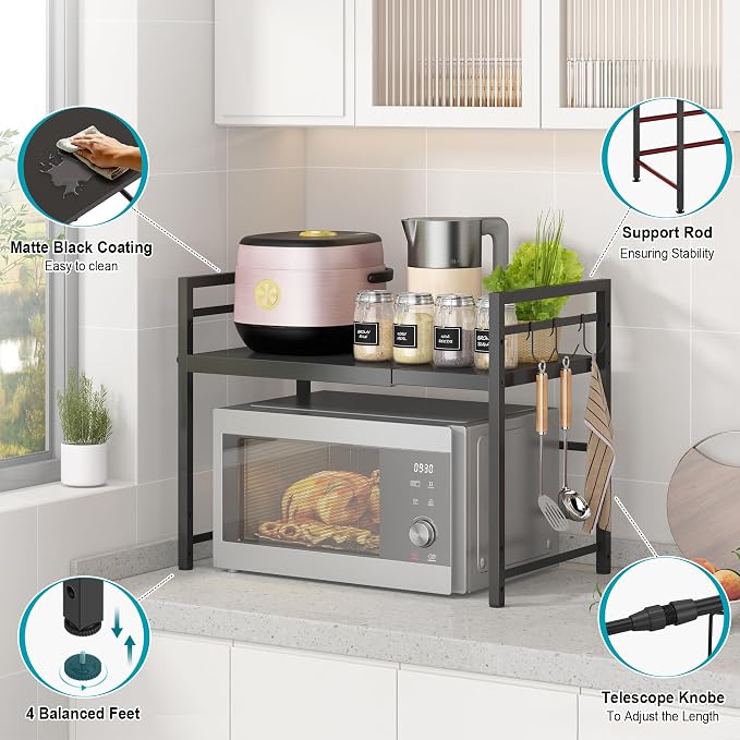 DOLALIKE Microwave Oven Rack, Expandable Microwave Stand Countertop Kitchen Utensils Tableware Storage, Carbon Steel Over Microwave Shelf Countertop with 3 Hooks | Adjustable Microwave Oven Rack Metal Storage Shelf for Pans Small Appliances Kitchen Ute... - Image 6