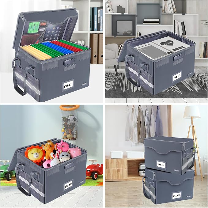 DocSafe Fireproof Document Box with Lock,File Storage Organizer with Zipper Pockets,Collapsible Portable File Box Home Office Safe Filing Cabinet with Handle for Hanging Letter/Legal Folders,Gray - Image 2