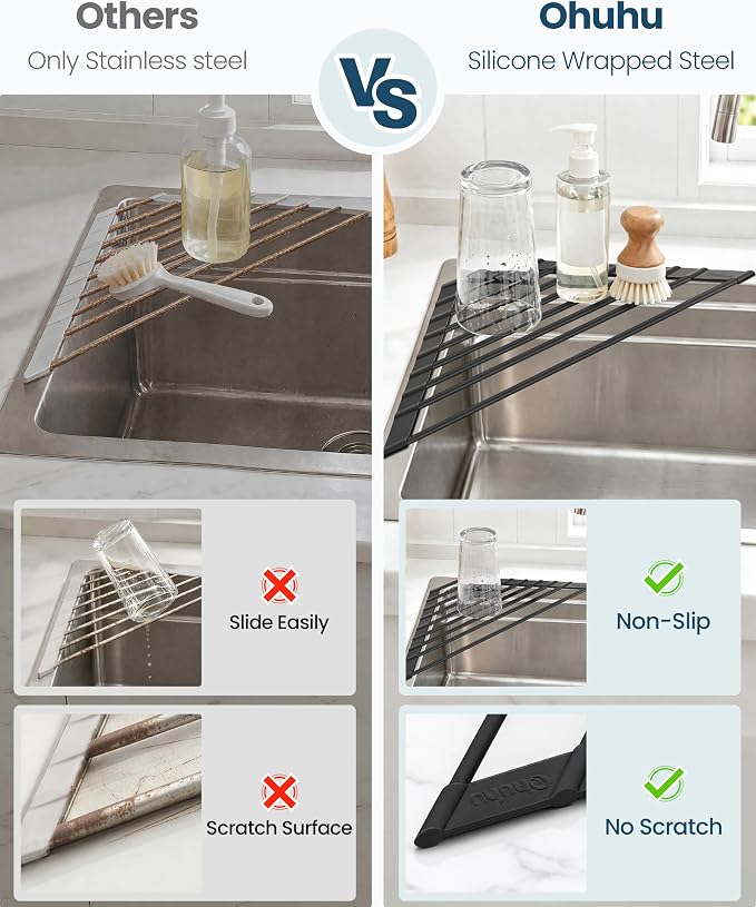 Ohuhu Corner Sink Caddy, Sponge Holder for Kitchen Sink Organizer - Silicone Wrapped Steel Anti Slip Rust Triangle Over the Sink Roll-UP Dish Drying Rack for Sink Corner Kitchen Sink Accessories - Image 5