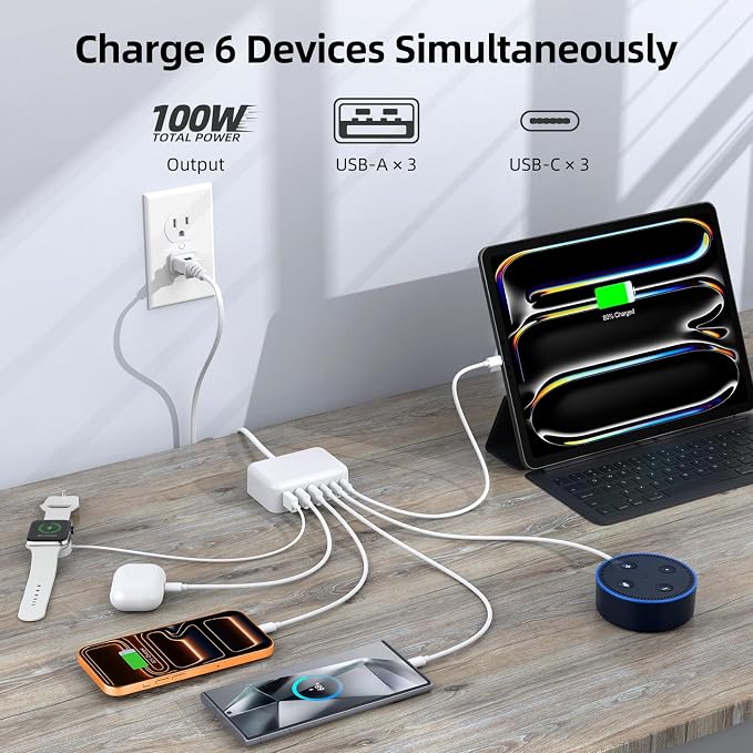 100W 6 in 1 USB Charger, 50% Smaller Charging Station for Multiple Devices | Fast Charging Blocks with Type C Port, USB Charging Hub Organizer Multiport Power Strip for iPhone,Samsung,Ipad,Kindle,Travel - Image 3