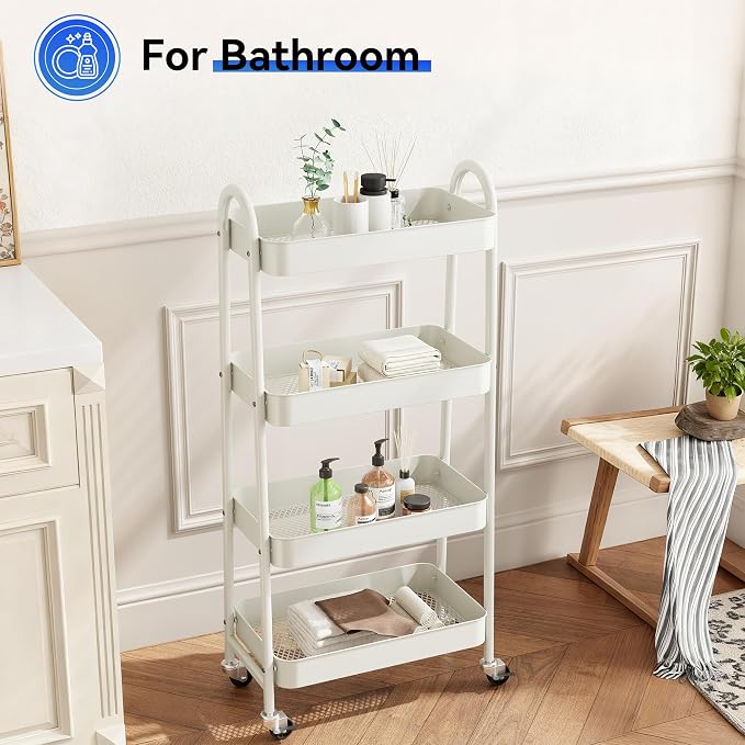 NEWBULIG 4-Tier Metal Rolling Storage Utility Cart with Lockable Wheels | Mobile Organizer Shelf, Space-Saving, Freestanding, Bathroom, Living Room, Slim, Narrow Corner Spaces, White - Image 5