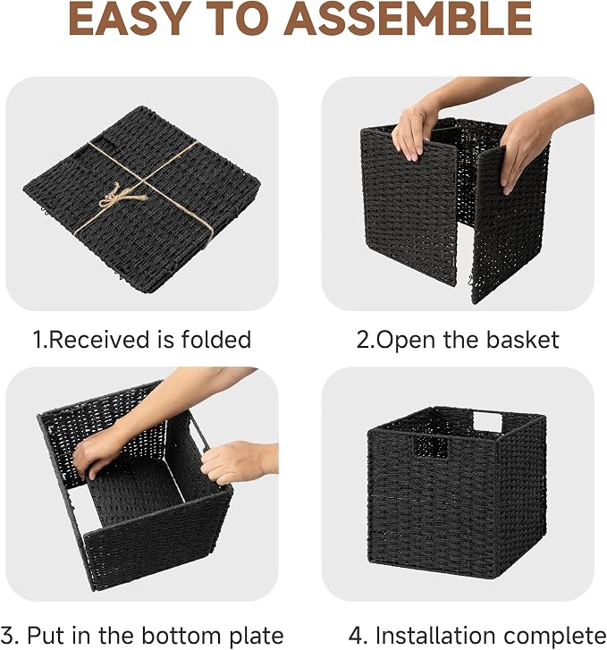 StorageWorks 13 inch Black Wicker Baskets for Storage,Foldable Black Basket | 2-Pack, Handwoven Wicker Storage Baskets for Organizing, Square Storage Cubes, Black Storage Bins, Paper Rope Square Baskets - Image 8